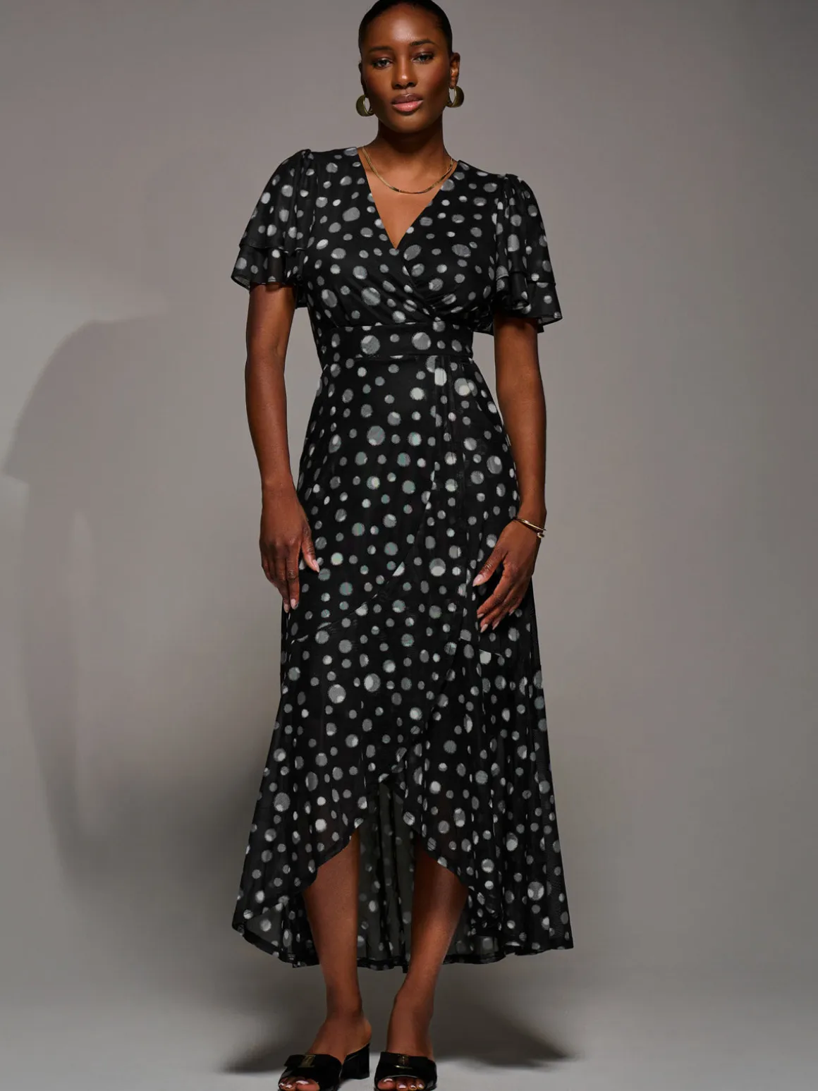 Angel Sleeve Mesh Frill Wrap Maxi Dress, Black Spot