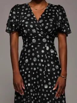Angel Sleeve Mesh Frill Wrap Maxi Dress, Black Spot