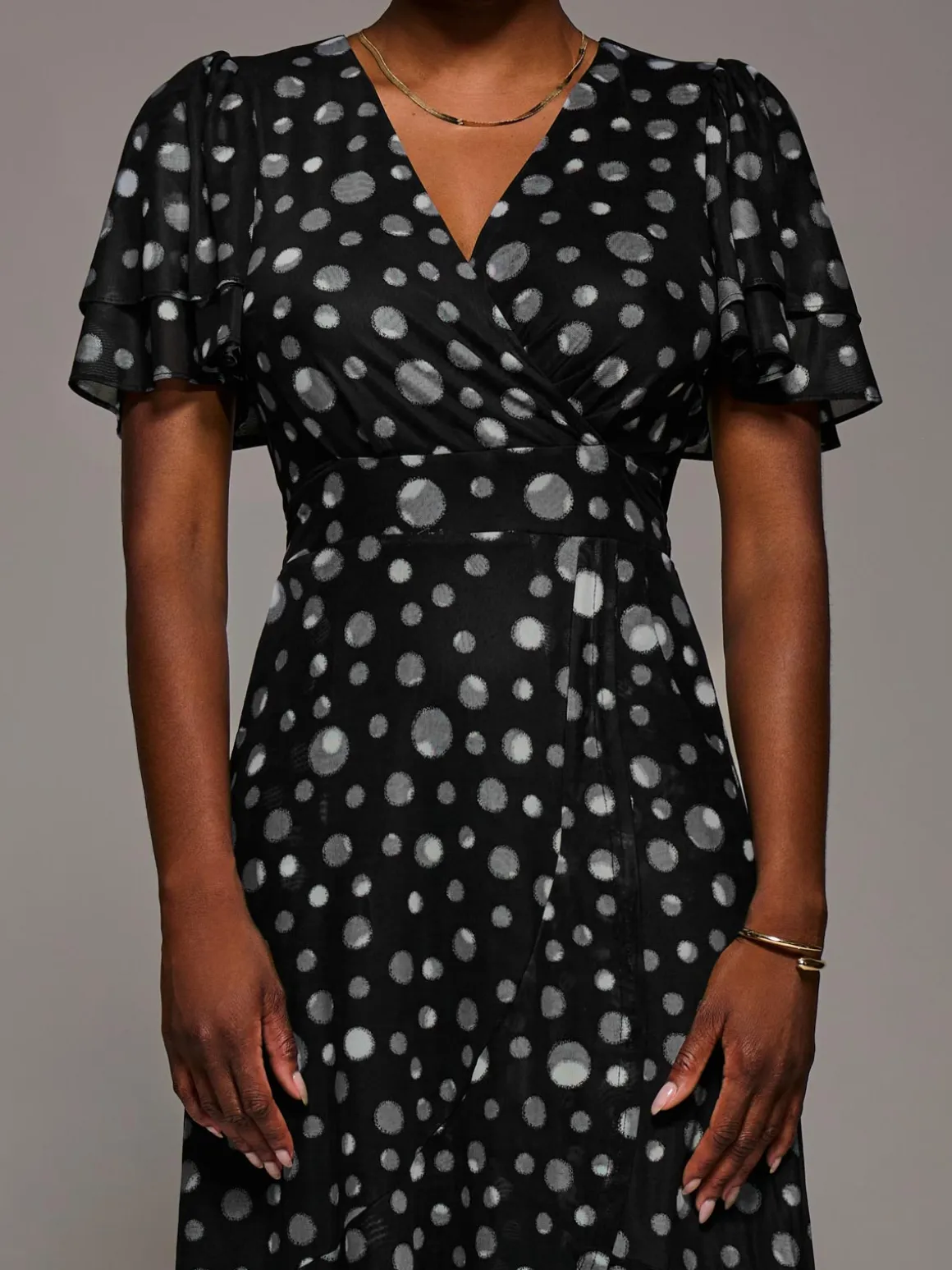 Angel Sleeve Mesh Frill Wrap Maxi Dress, Black Spot