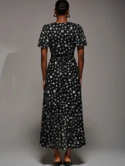 Angel Sleeve Mesh Frill Wrap Maxi Dress, Black Spot