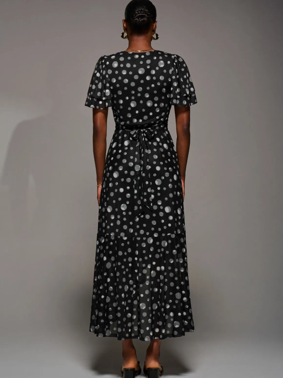 Angel Sleeve Mesh Frill Wrap Maxi Dress, Black Spot