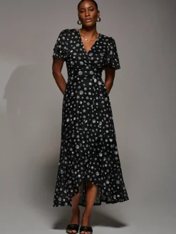 Angel Sleeve Mesh Frill Wrap Maxi Dress, Black Spot
