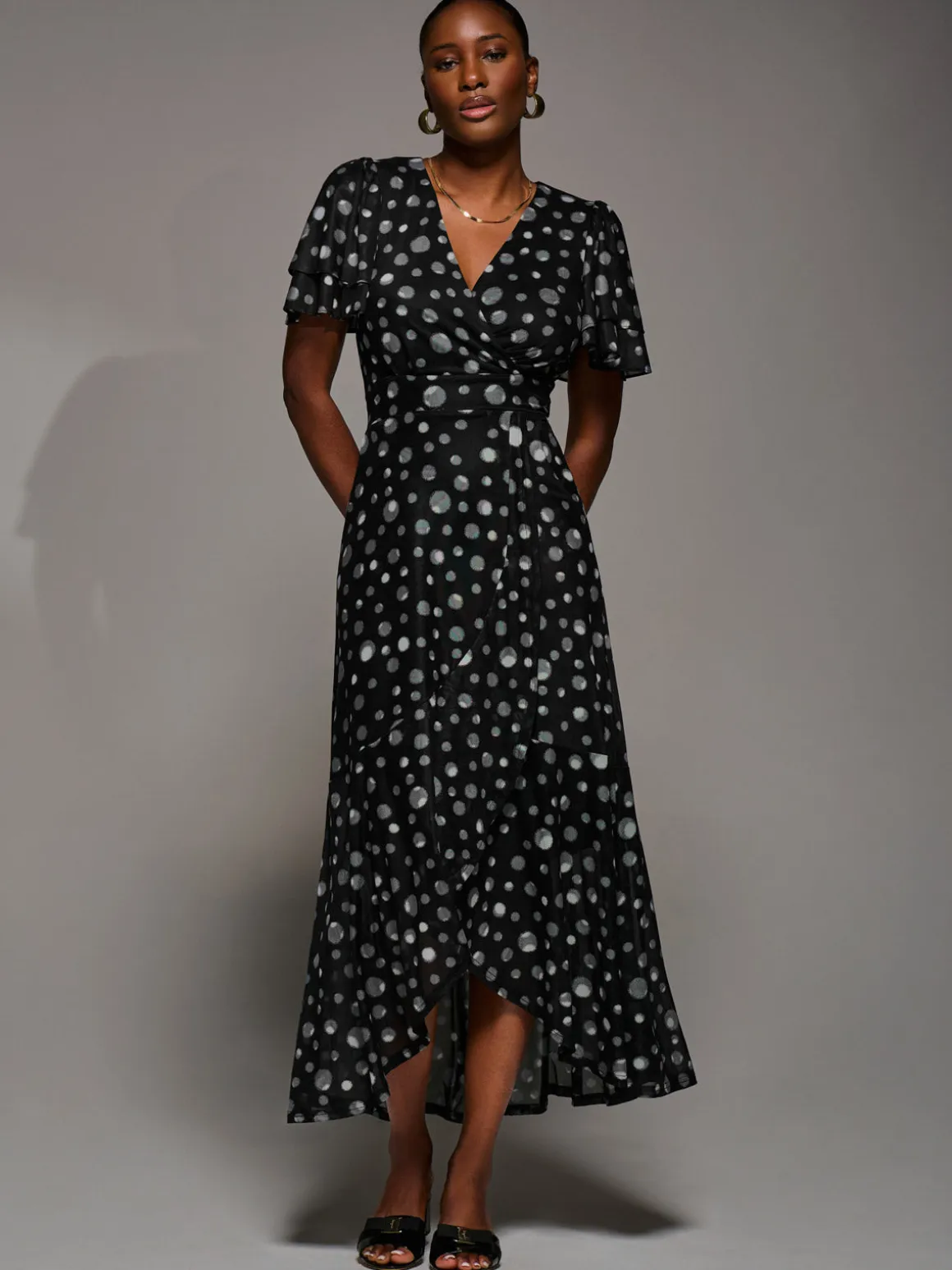 Angel Sleeve Mesh Frill Wrap Maxi Dress, Black Spot