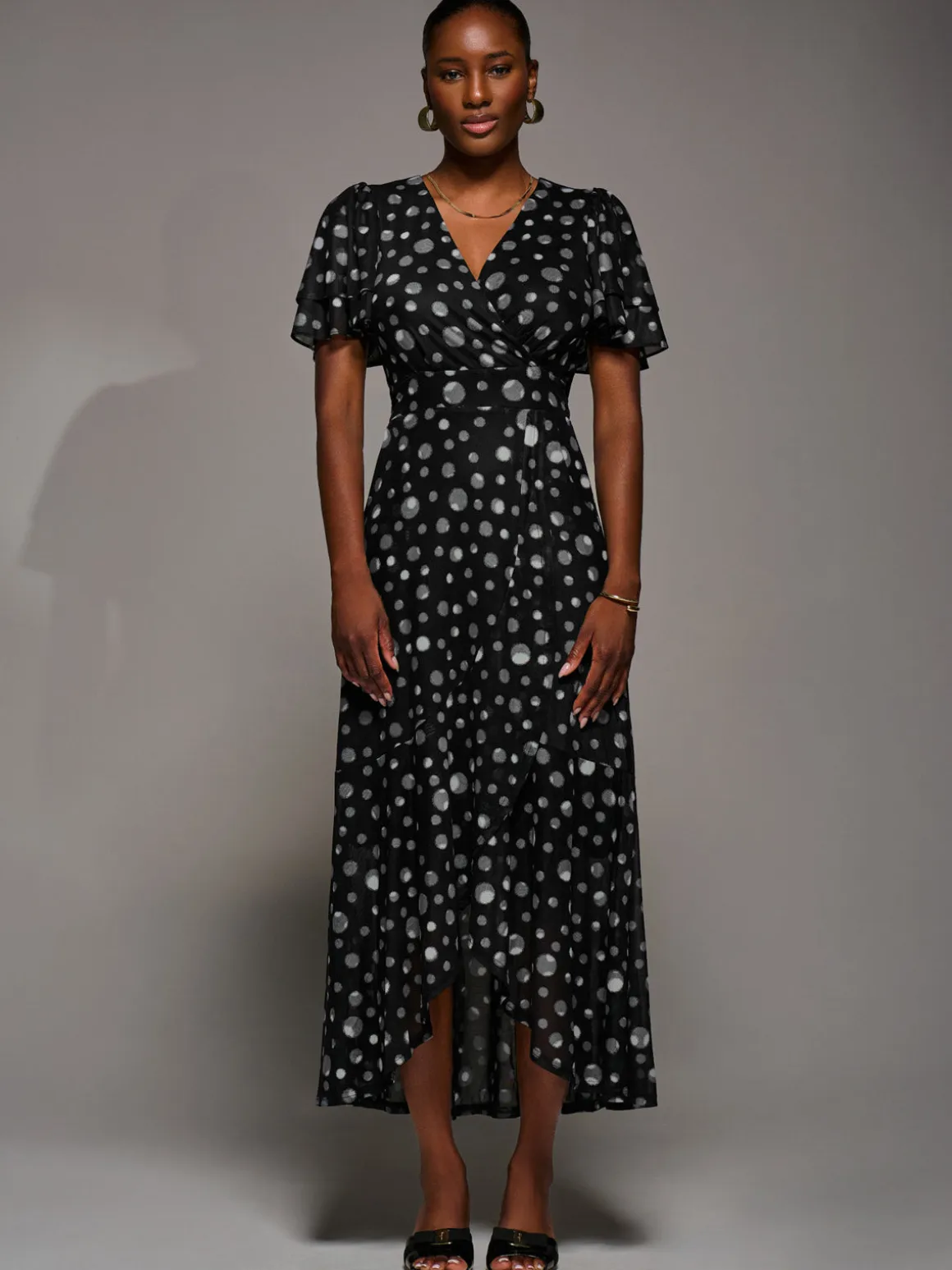 Angel Sleeve Mesh Frill Wrap Maxi Dress, Black Spot