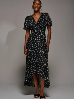 Angel Sleeve Mesh Frill Wrap Maxi Dress, Black Spot