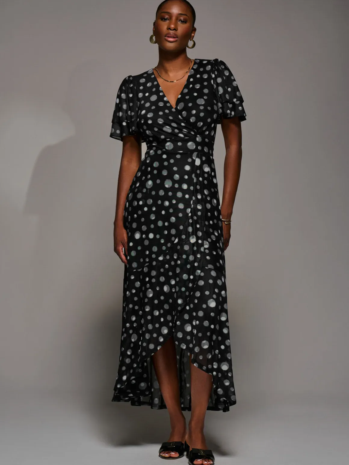 Angel Sleeve Mesh Frill Wrap Maxi Dress, Black Spot
