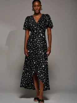 Angel Sleeve Mesh Frill Wrap Maxi Dress, Black Spot
