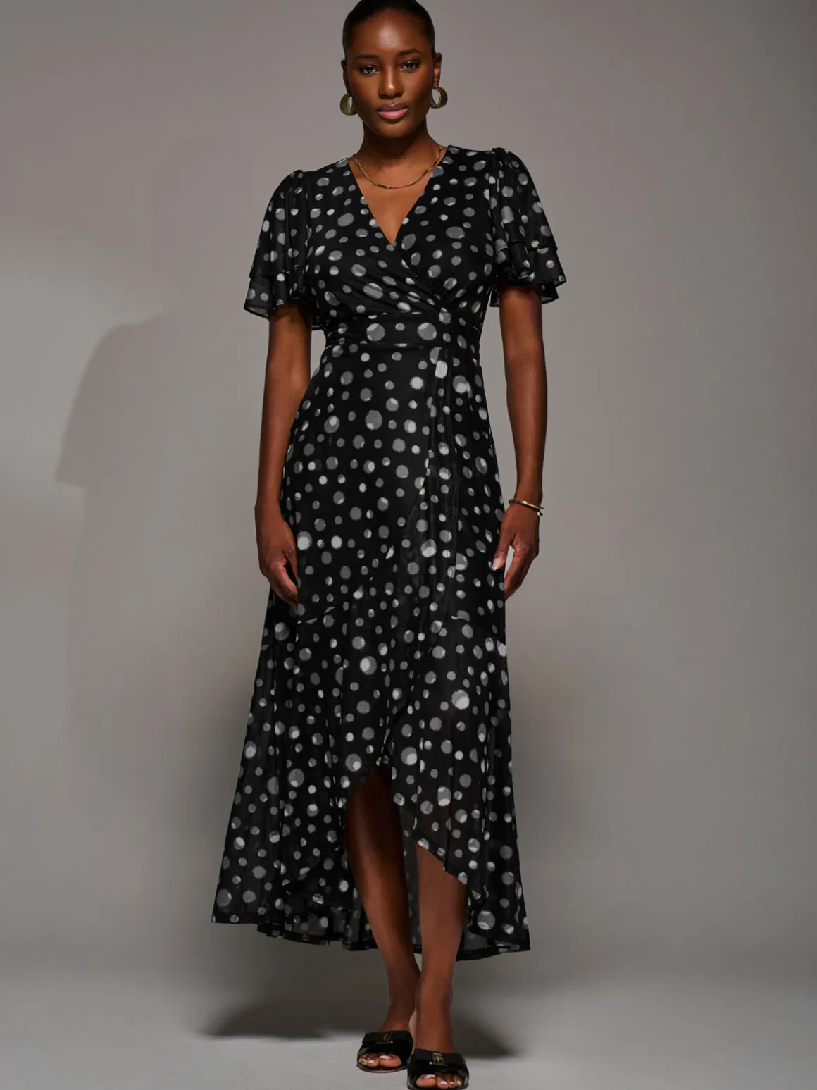 Angel Sleeve Mesh Frill Wrap Maxi Dress, Black Spot
