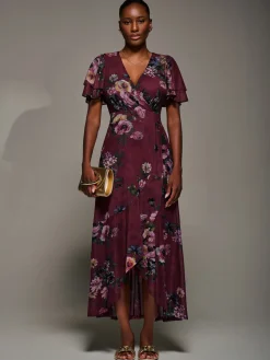 Angel Sleeve Mesh Frill Wrap Maxi Dress, Burgundy Floral