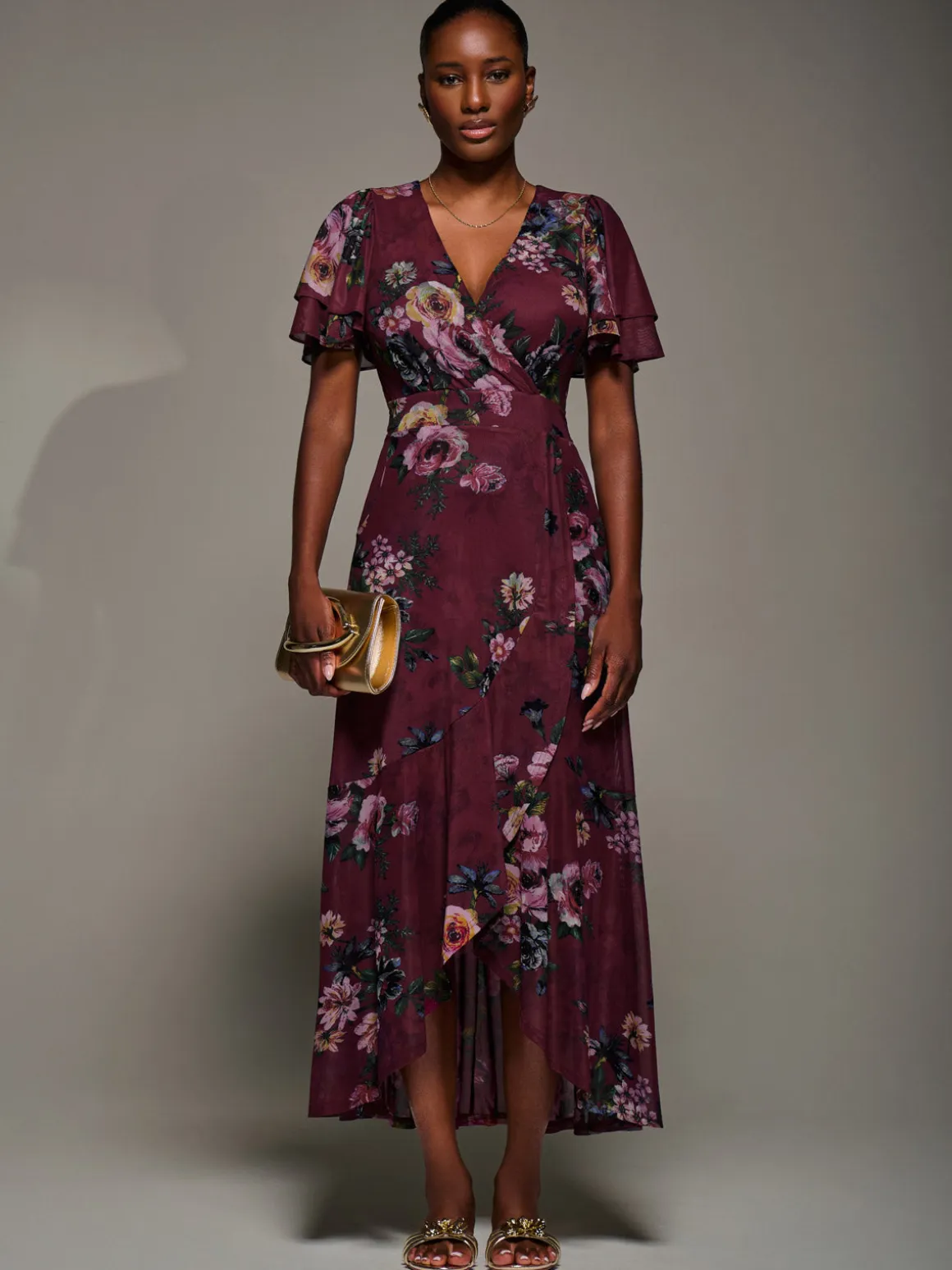 Angel Sleeve Mesh Frill Wrap Maxi Dress, Burgundy Floral