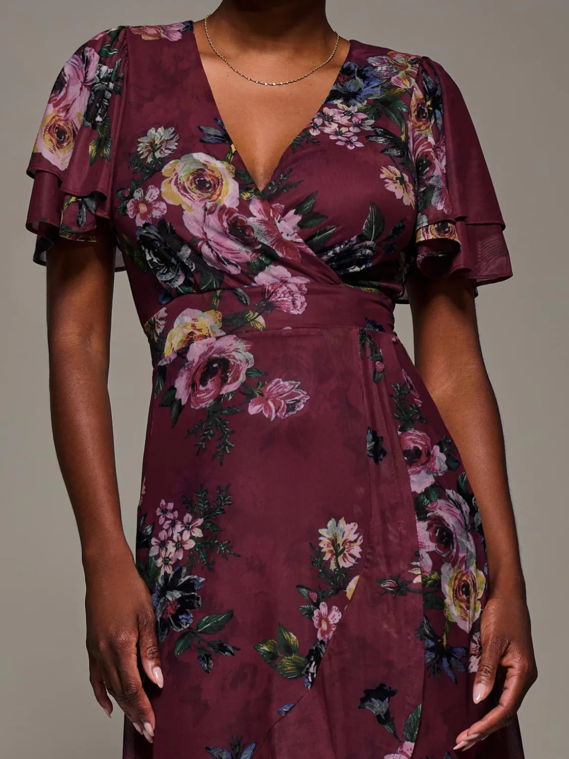 Angel Sleeve Mesh Frill Wrap Maxi Dress, Burgundy Floral