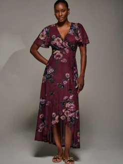 Angel Sleeve Mesh Frill Wrap Maxi Dress, Burgundy Floral