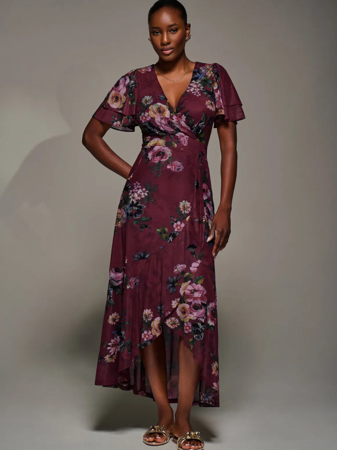 Angel Sleeve Mesh Frill Wrap Maxi Dress, Burgundy Floral
