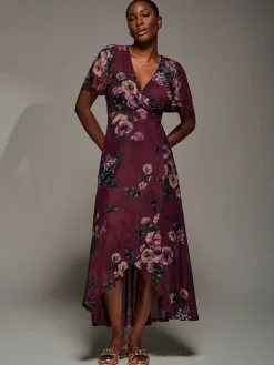 Angel Sleeve Mesh Frill Wrap Maxi Dress, Burgundy Floral