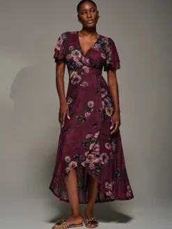 Angel Sleeve Mesh Frill Wrap Maxi Dress, Burgundy Floral