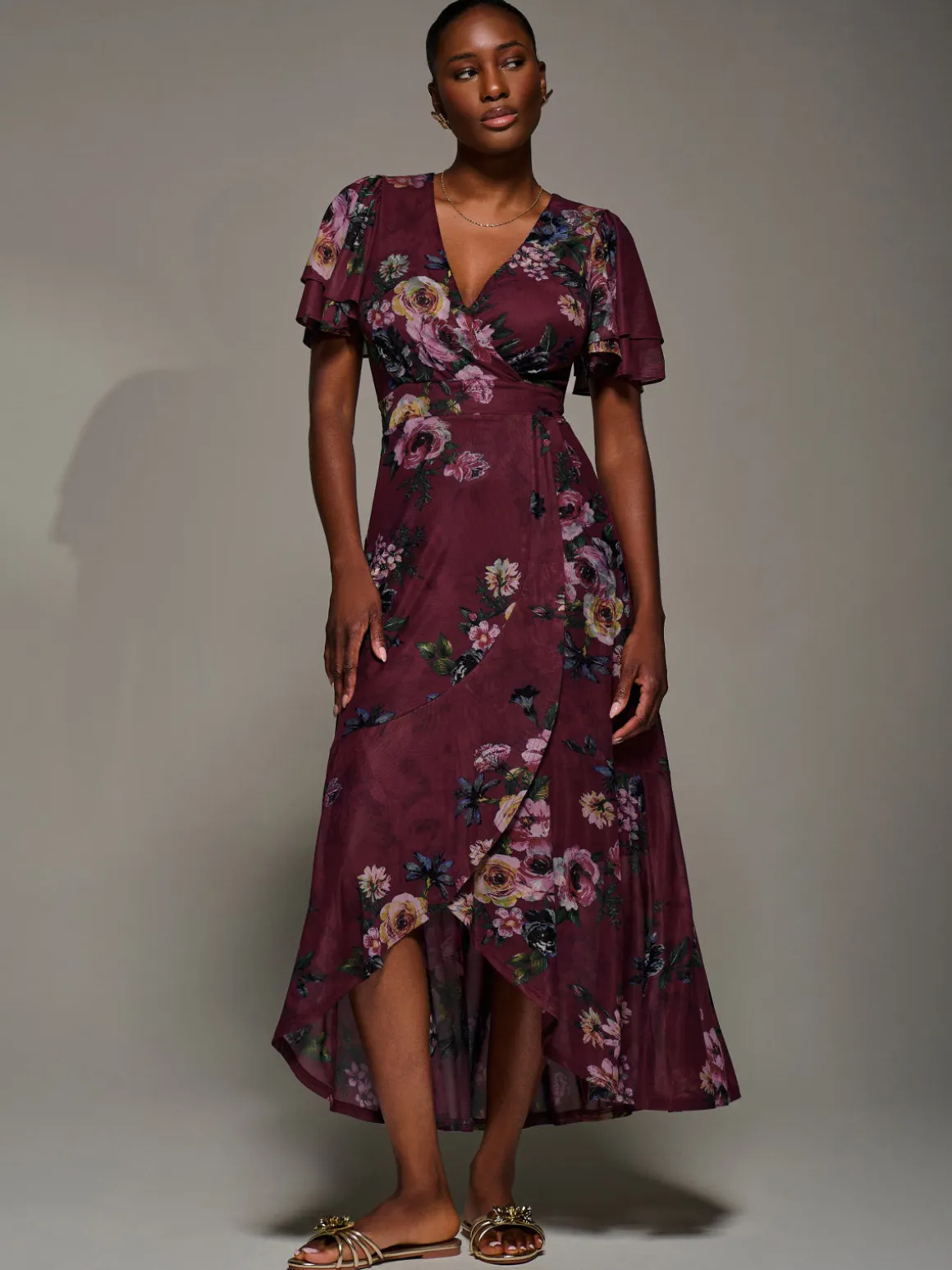 Angel Sleeve Mesh Frill Wrap Maxi Dress, Burgundy Floral