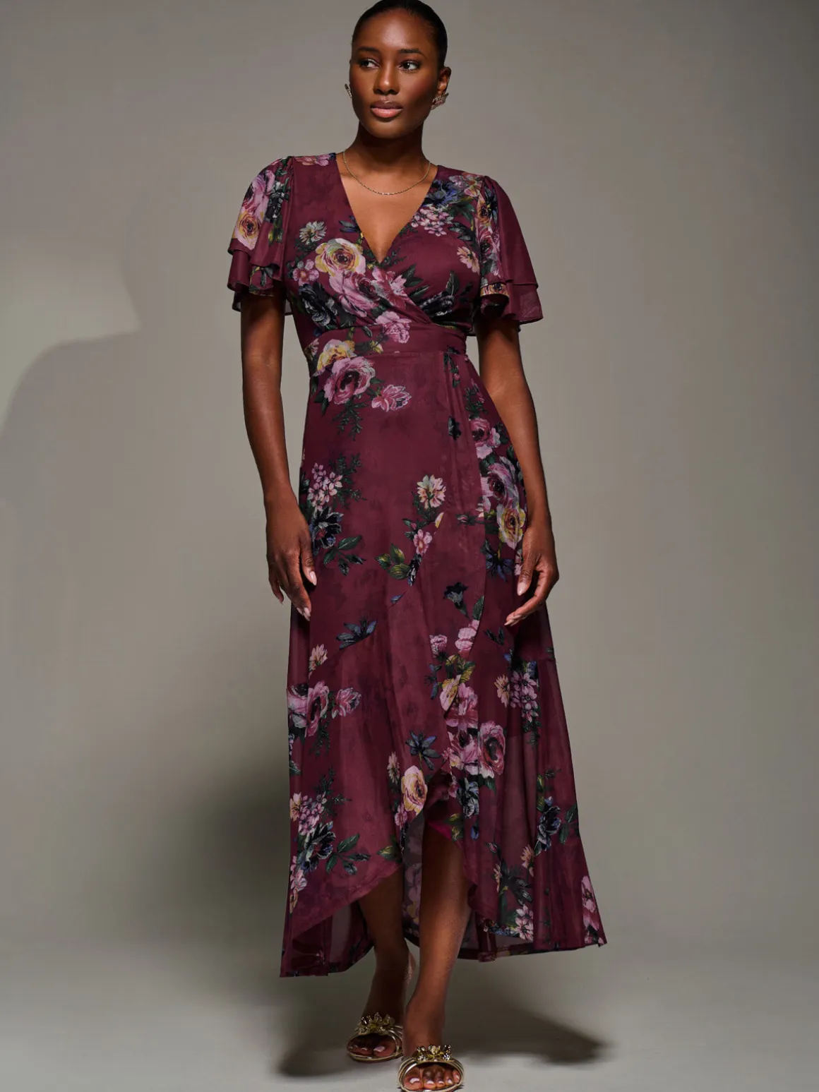 Angel Sleeve Mesh Frill Wrap Maxi Dress, Burgundy Floral