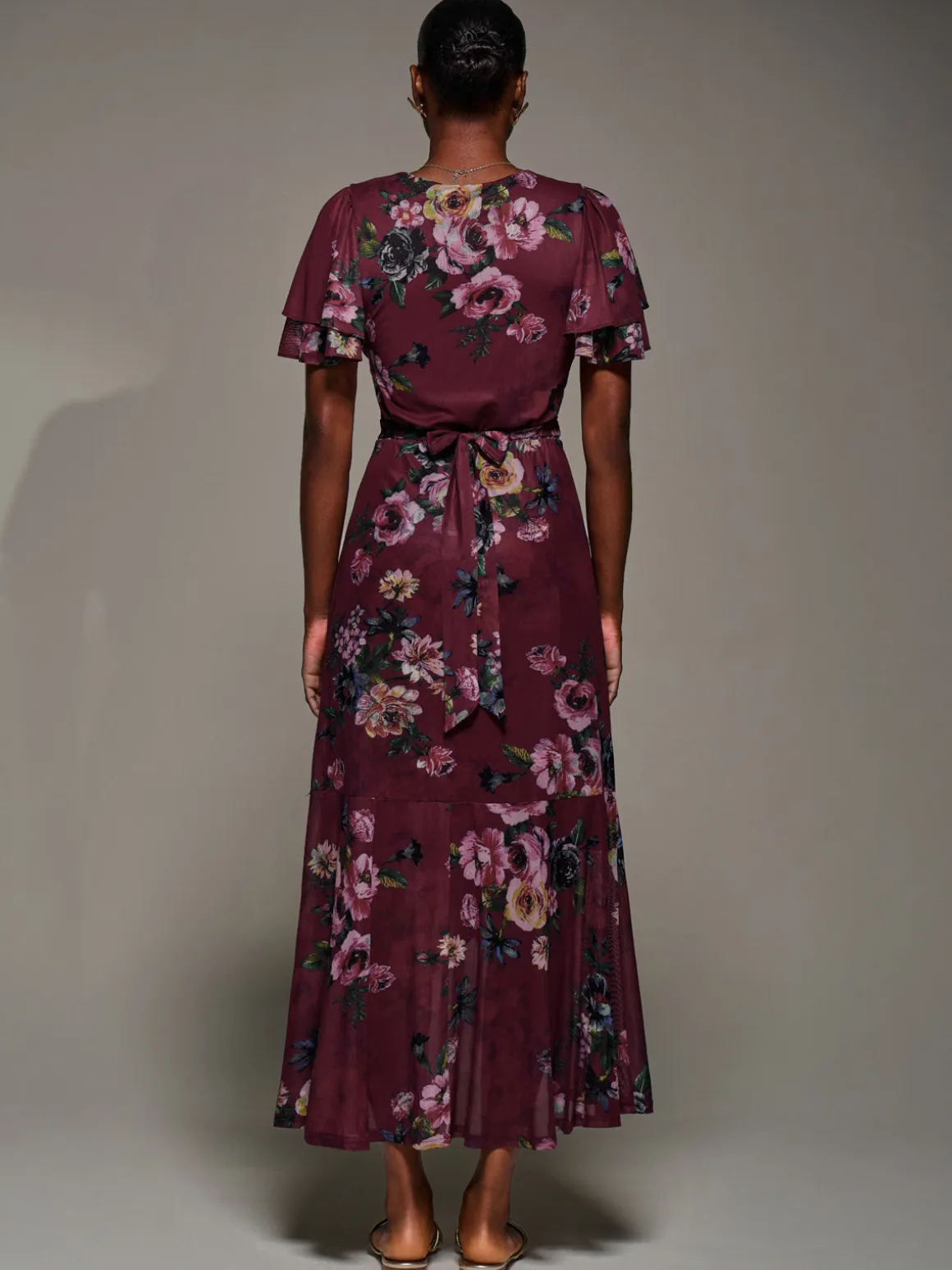 Angel Sleeve Mesh Frill Wrap Maxi Dress, Burgundy Floral