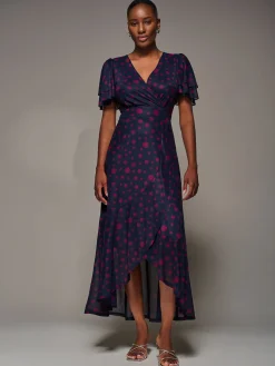 Angel Sleeve Mesh Frill Wrap Maxi Dress, Navy Spot