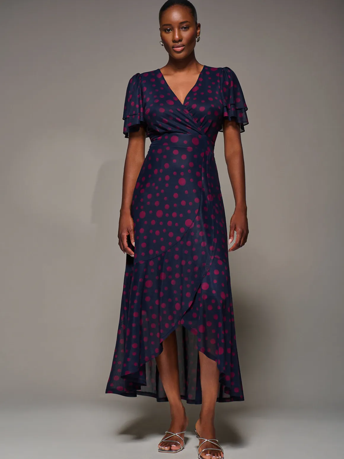 Angel Sleeve Mesh Frill Wrap Maxi Dress, Navy Spot