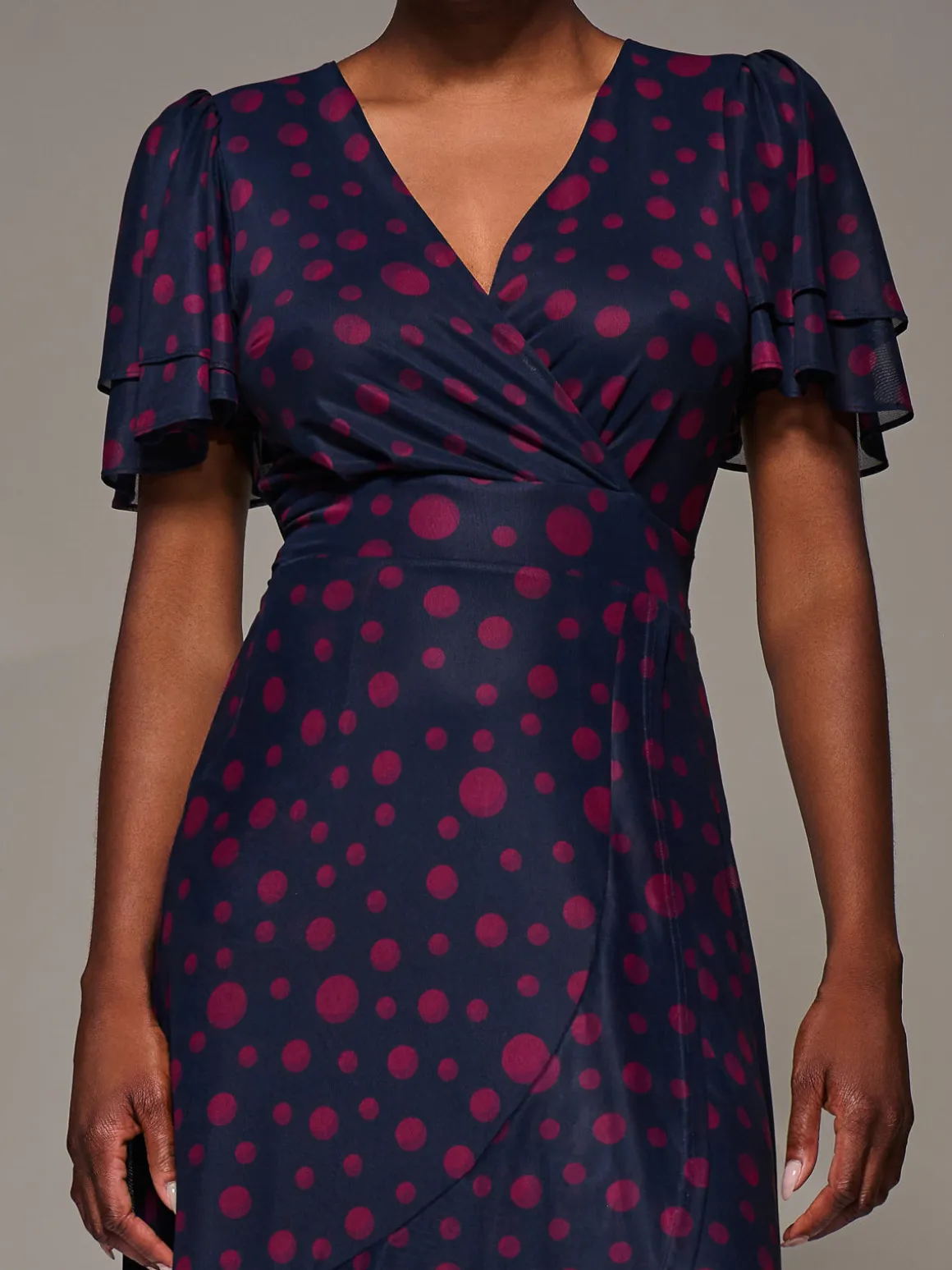 Angel Sleeve Mesh Frill Wrap Maxi Dress, Navy Spot