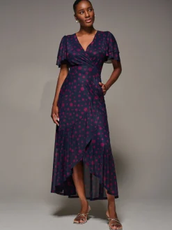 Angel Sleeve Mesh Frill Wrap Maxi Dress, Navy Spot