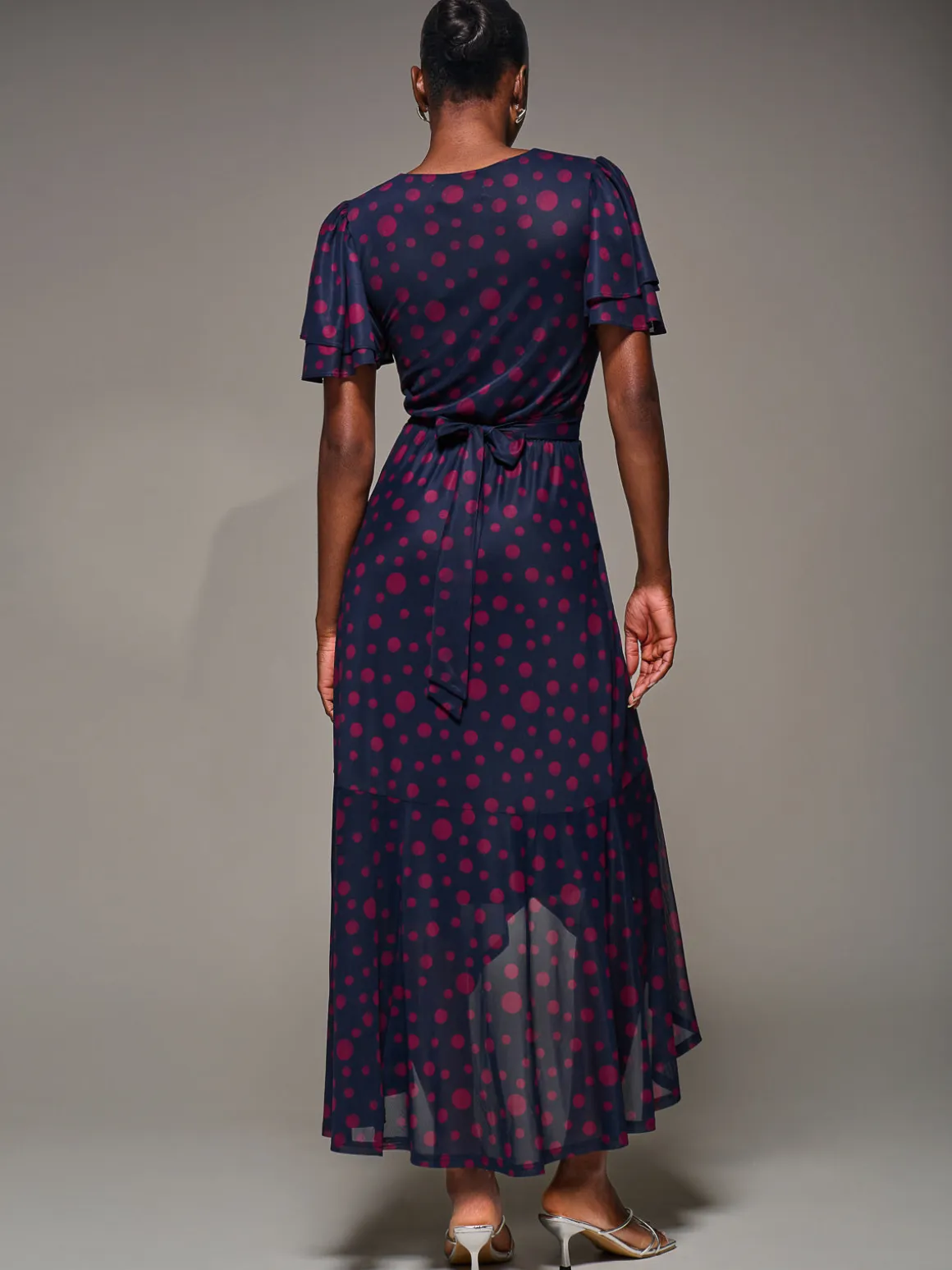 Angel Sleeve Mesh Frill Wrap Maxi Dress, Navy Spot