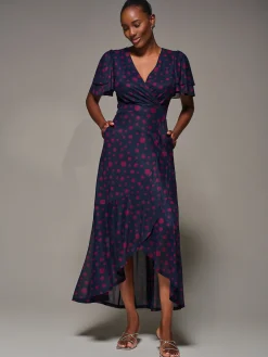 Angel Sleeve Mesh Frill Wrap Maxi Dress, Navy Spot