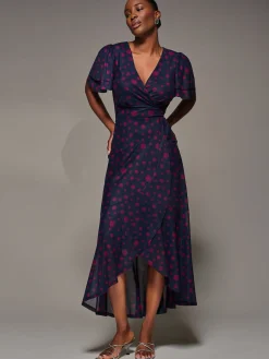 Angel Sleeve Mesh Frill Wrap Maxi Dress, Navy Spot