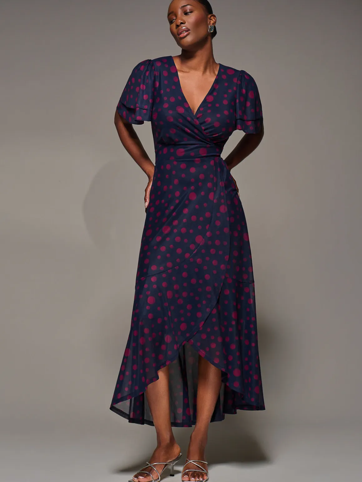 Angel Sleeve Mesh Frill Wrap Maxi Dress, Navy Spot