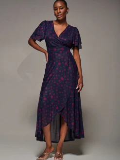 Angel Sleeve Mesh Frill Wrap Maxi Dress, Navy Spot