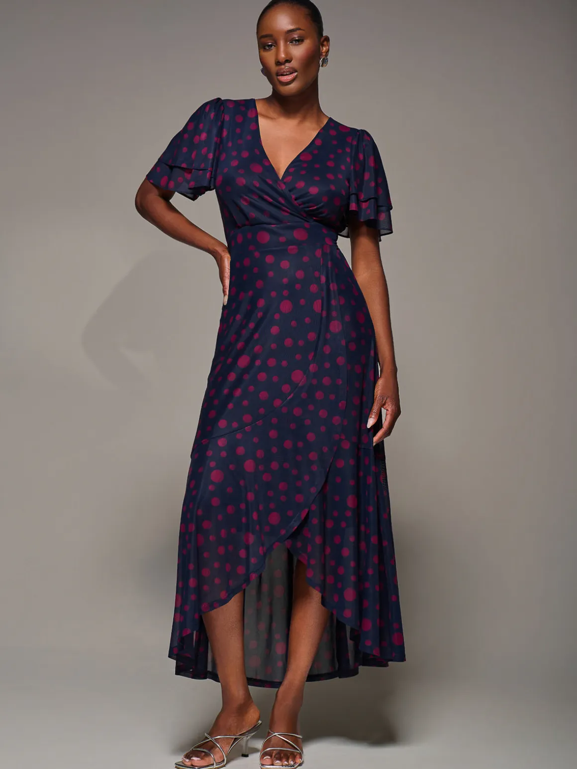 Angel Sleeve Mesh Frill Wrap Maxi Dress, Navy Spot