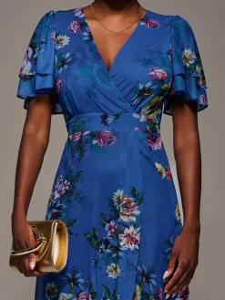 Angel Sleeve Mesh Frill Wrap Maxi Dress, Royal Floral