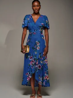 Angel Sleeve Mesh Frill Wrap Maxi Dress, Royal Floral