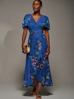 Angel Sleeve Mesh Frill Wrap Maxi Dress, Royal Floral
