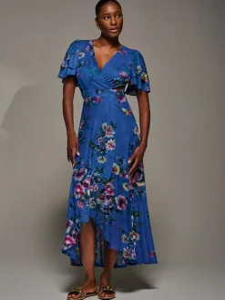 Angel Sleeve Mesh Frill Wrap Maxi Dress, Royal Floral