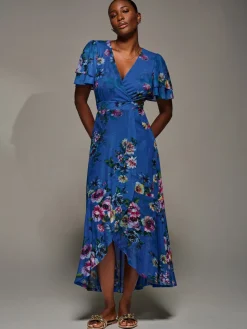 Angel Sleeve Mesh Frill Wrap Maxi Dress, Royal Floral