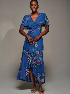 Angel Sleeve Mesh Frill Wrap Maxi Dress, Royal Floral