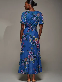Angel Sleeve Mesh Frill Wrap Maxi Dress, Royal Floral
