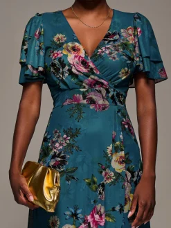 Angel Sleeve Mesh Frill Wrap Maxi Dress, Teal Floral