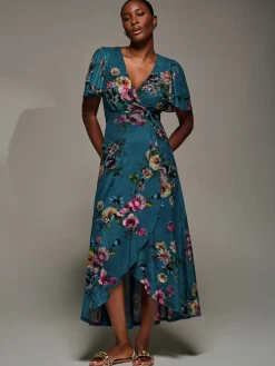 Angel Sleeve Mesh Frill Wrap Maxi Dress, Teal Floral