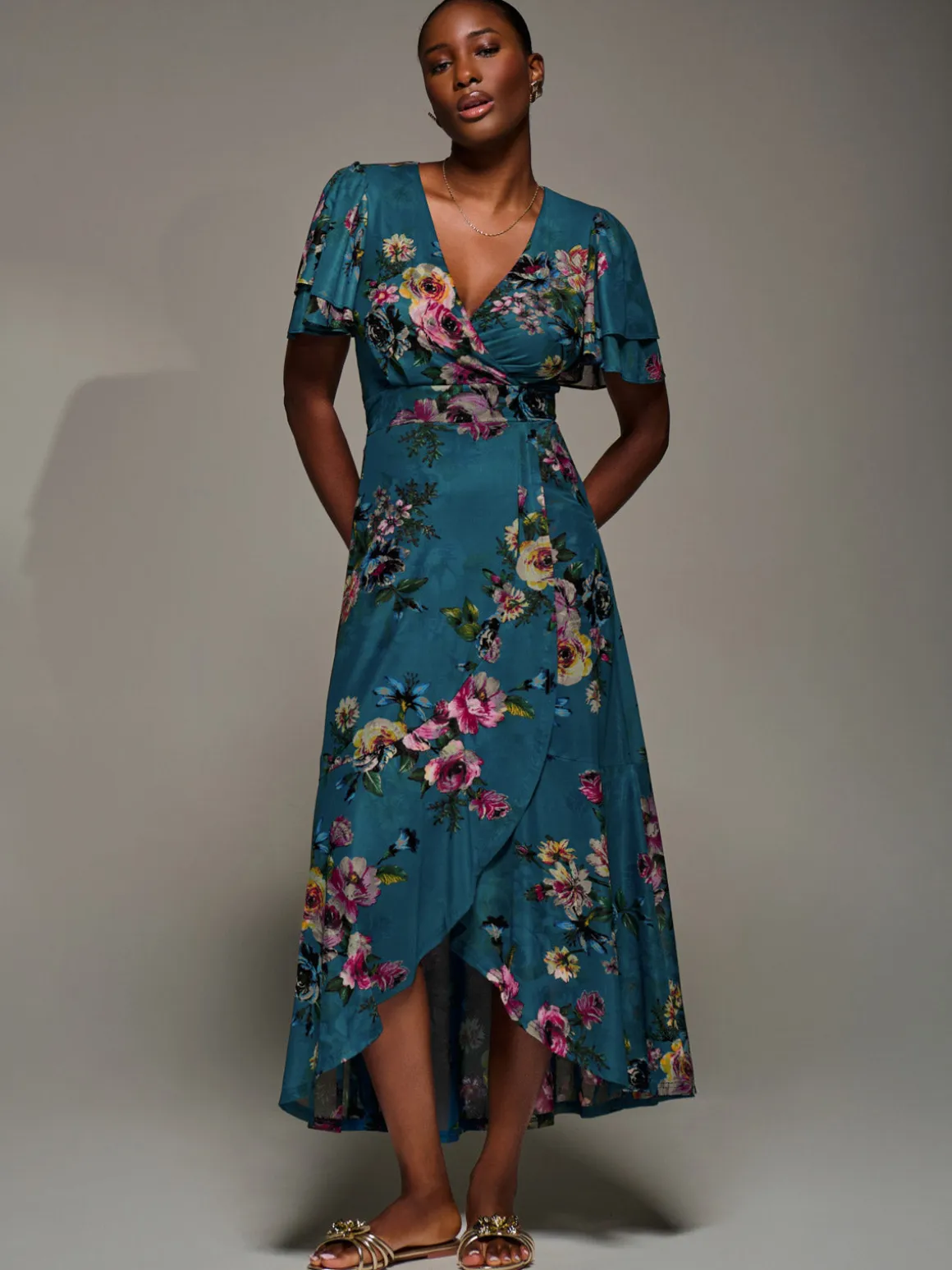 Angel Sleeve Mesh Frill Wrap Maxi Dress, Teal Floral
