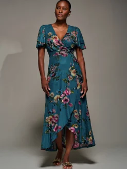 Angel Sleeve Mesh Frill Wrap Maxi Dress, Teal Floral