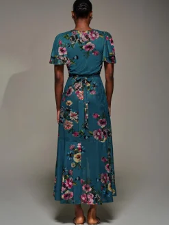 Angel Sleeve Mesh Frill Wrap Maxi Dress, Teal Floral