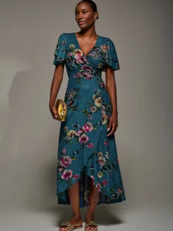 Angel Sleeve Mesh Frill Wrap Maxi Dress, Teal Floral