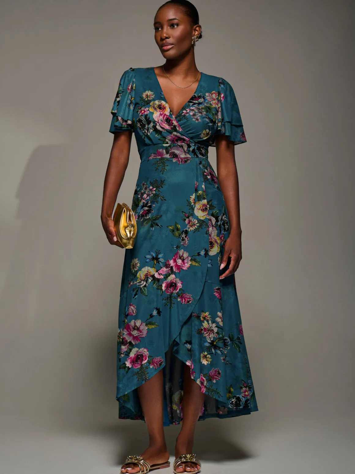 Angel Sleeve Mesh Frill Wrap Maxi Dress, Teal Floral