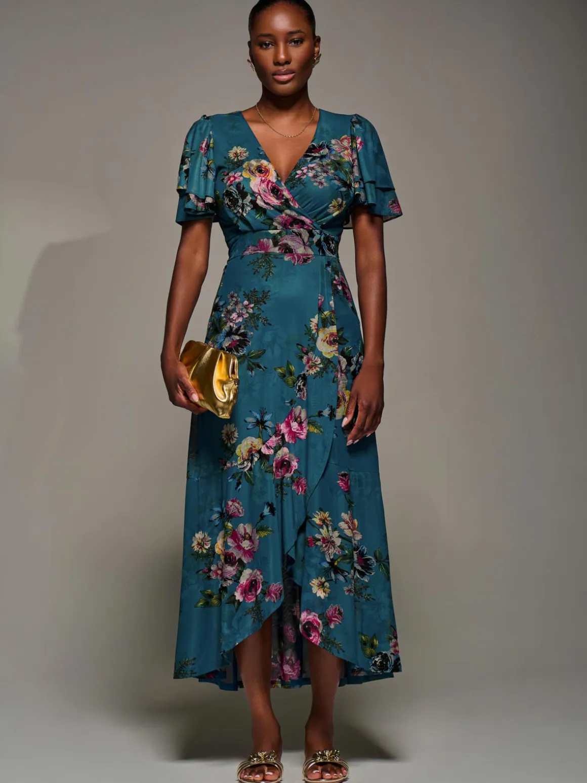 Angel Sleeve Mesh Frill Wrap Maxi Dress, Teal Floral