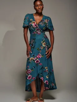 Angel Sleeve Mesh Frill Wrap Maxi Dress, Teal Floral