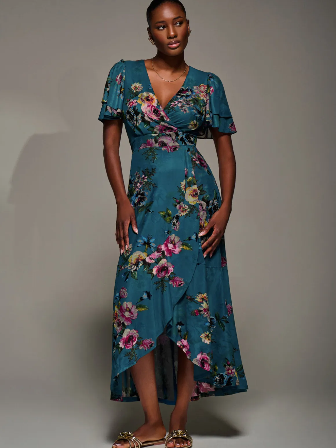 Angel Sleeve Mesh Frill Wrap Maxi Dress, Teal Floral