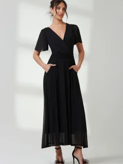 Angel Sleeve Mesh Maxi Dress, Black
